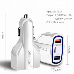 USB adaptér 3v1, QC3,0 + type C + 3,1A, 12/24V