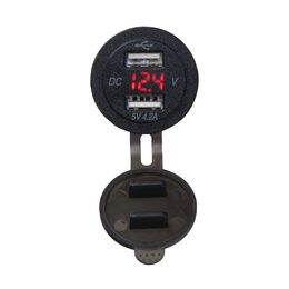 2x USB nabíječka s voltmetrem voděodolná do panelu, červená