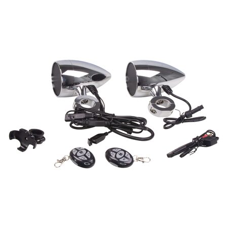 Zvukový systém na motocykl, skútr, ATV s USB, BT, 2 x dálkové ovládání, barva chrom