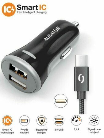Chytrá nabíječka do auta ALIGATOR 3.4A, 2x USB, smart IC, černá, včetně USB-C kabelu 2A