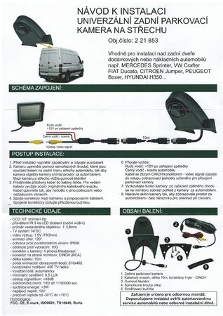 Parkovací kamera G-PARK 120° na zadní hranu střechy dodávkových automobilů