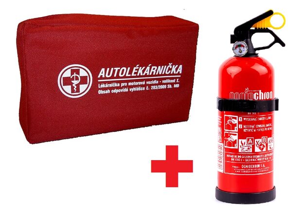Autolékárnička + práškový hasící přístroj ABC s manometrem a držákem, 1 kg