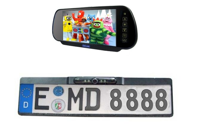 LCD do auta ve zpětném zrcátku 7" palců + Couvací kamera c110b v rámečku pro SPZ