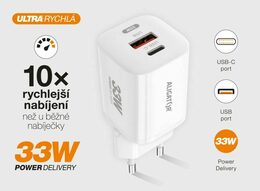 Chytrá GaN síťová nabíječka 33W s USB-C a USB-A výstupem ALIGATOR Power Delivery bílá