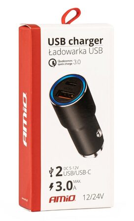 Hliníková nabíječka do auta USB-C+USB 38W 12/24V