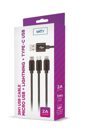 SETTY nylonový USB kabel 3v1 microUSB, Lightning, Type-C 1m
