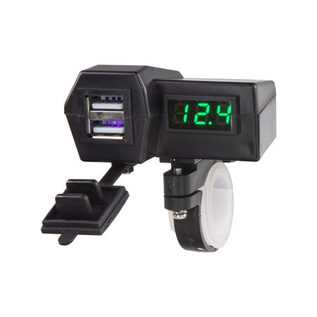 2x USB nabíječka s voltmetrem na motocykl, zelený displej