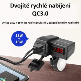 2x USB nabíječka s voltmetrem na motocykl, zelený displej
