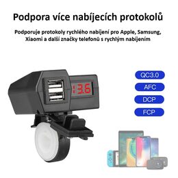 2x USB nabíječka s voltmetrem na motocykl, zelený displej