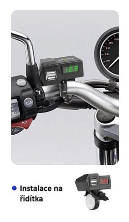 2x USB nabíječka s voltmetrem na motocykl, zelený displej