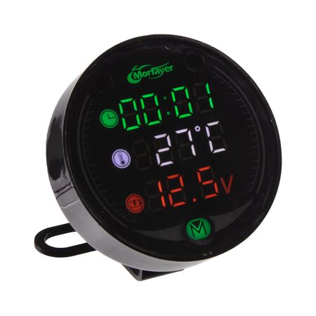 Voltmetr s teploměrem, hodinami a USB nabíječkou na motocykl