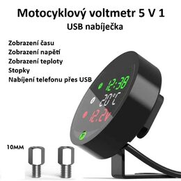 Voltmetr s teploměrem, hodinami a USB nabíječkou na motocykl
