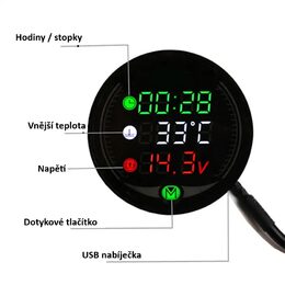 Voltmetr s teploměrem, hodinami a USB nabíječkou na motocykl