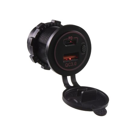 USB nabíječka QC3.0 + USB-C, červené podsvícení