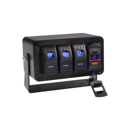 Panel s 3x spínači Rocker, voltmetr + USB/USB-C zásuvka, 12/24V
