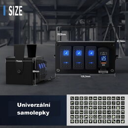 Panel s 3x spínači Rocker, voltmetr + USB/USB-C zásuvka, 12/24V