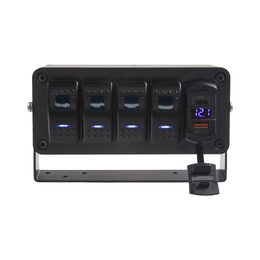 Panel s 4x spínači Rocker, voltmetr + USB/USB-C zásuvka, 12/24V