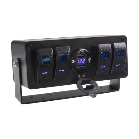 Panel s 4x spínači Rocker, voltmetr + 2x USB zásuvka, 12/24V
