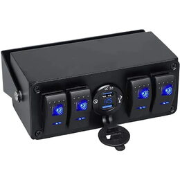 Panel s 4x spínači Rocker, voltmetr + 2x USB zásuvka, 12/24V
