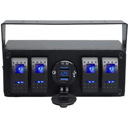 Panel s 4x spínači Rocker, voltmetr + 2x USB zásuvka, 12/24V
