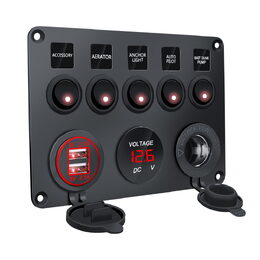 Panel s 5x spínači, CL, voltmetr + 2x USB zásuvka, 12/24V
