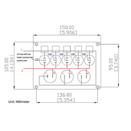 Panel s 5x spínači, CL, voltmetr + 2x USB zásuvka, 12/24V