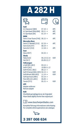 Zadní stěrač VOLKSWAGEN Touran [5T1] r.v. 2015->, BOSCH 28cm