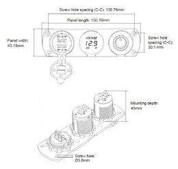 Panel s 1x spínačem, voltmetr + 2x USB zásuvka, 12/24V