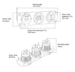 Trojitá zásuvka do panelu CL, Voltmetr, 2x USB nabíječka