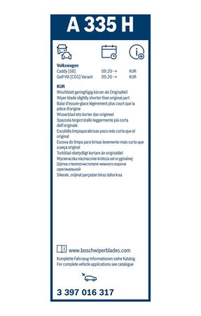 Zadní stěrač VOLKSWAGEN Golf VIII Variant [CG5] r.v. 2020->, BOSCH 33cm