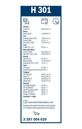 Zadní stěrač FIAT Punto [199] r.v. 2012->, BOSCH 30cm