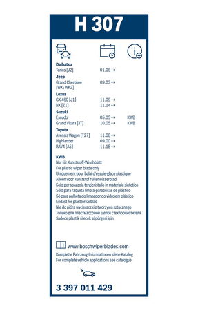 Zadní stěrač LEXUS GX 460 [J1] r.v. 2009->, BOSCH 30cm