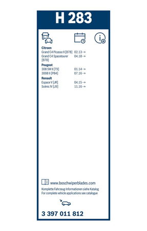 Zadní stěrač PEUGEOT 308 SW II [T9] r.v. 2014->, BOSCH H283 280mm