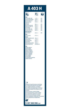 Zadní stěrač AUDI Q3 [8UB] r.v. 2011->, BOSCH A403H 400 mm