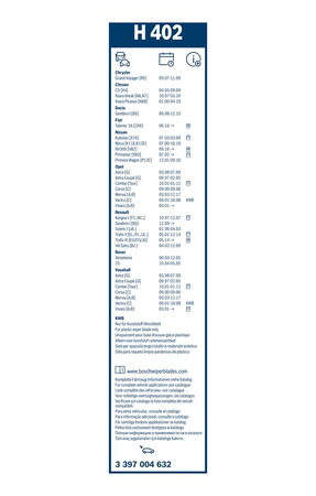 Zadní stěrač NISSAN NV300 [X82] dvoukřídlé r.v. 2016->, BOSCH H402 400mm