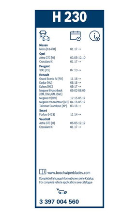 Zadní stěrač RENAULT Kadjar [HL] r.v. 2015->, BOSCH H230 230 mm