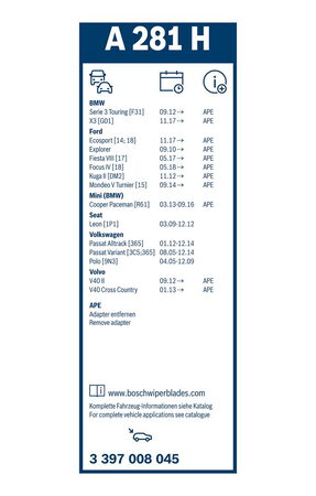Zadní stěrač FORD Fiesta VIII [17] r.v. 2017->, BOSCH TWIN 280 mm