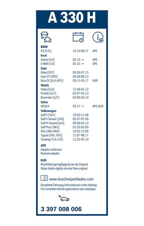Zadní stěrač SEAT Exeo ST [3R5] r.v. 2009-2013, BOSCH A330H 330mm