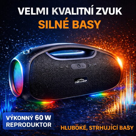 CARCLEVER bezdrátový Bluetooth reproduktor, voděodolný IPX6, USB, AUX, MIC, RGB