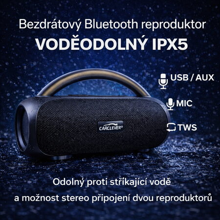 CARCLEVER bezdrátový Bluetooth reproduktor, voděodolný USB, AUX, MIC, TWS, IPX5