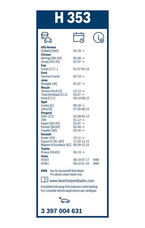 Zadní stěrač ALFA ROMEO Giulietta [940] r.v. 2010->, BOSCH H353 350mm