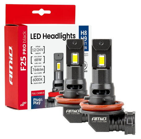 LED autožárovky F25 PRO BLACK H8 H9 H11 H16 bílá Canbus, 12/24V, 68W, 7646 lm - 2 ks