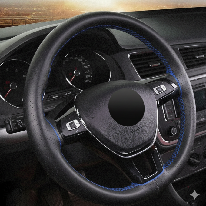 Potah volantu perforovaný černý s modrou nití 37-38cm