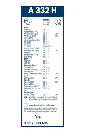 Zadní stěrač MERCEDES B-Klasse [247] r.v. 2018->, BOSCH A332H 330mm