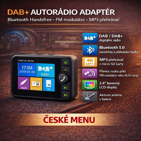 DAB přijímač / Bluetooth HF + přehrávač / micro SD / FM modulátor