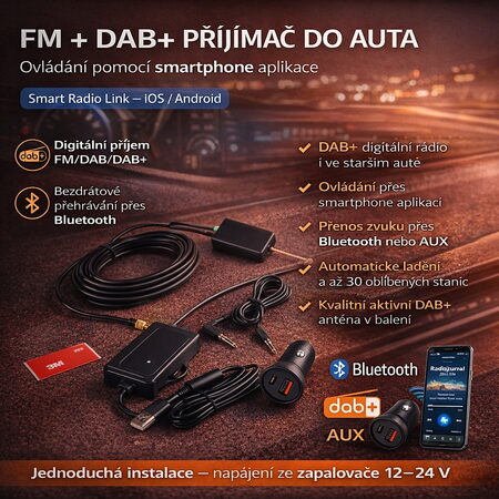 FM + DAB přijímač do auta - smartphone APP (ovládaný chytrým telefonem)