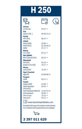 Zadní stěrač HONDA CR-V VI (RS) r.v. 2023->, BOSCH H250 25cm