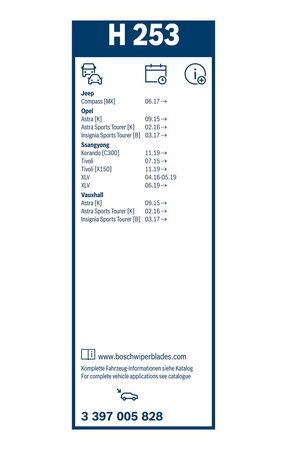 Zadní stěrač OPEL Astra [K] r.v. 2015->, BOSCH H253 250mm