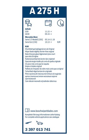 Zadní stěrač INFINITI QX30 r.v. 2016->, BOSCH 275 mm