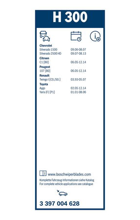 Zadní stěrač TOYOTA Aygo r.v. 2005-2014, BOSCH 300 mm